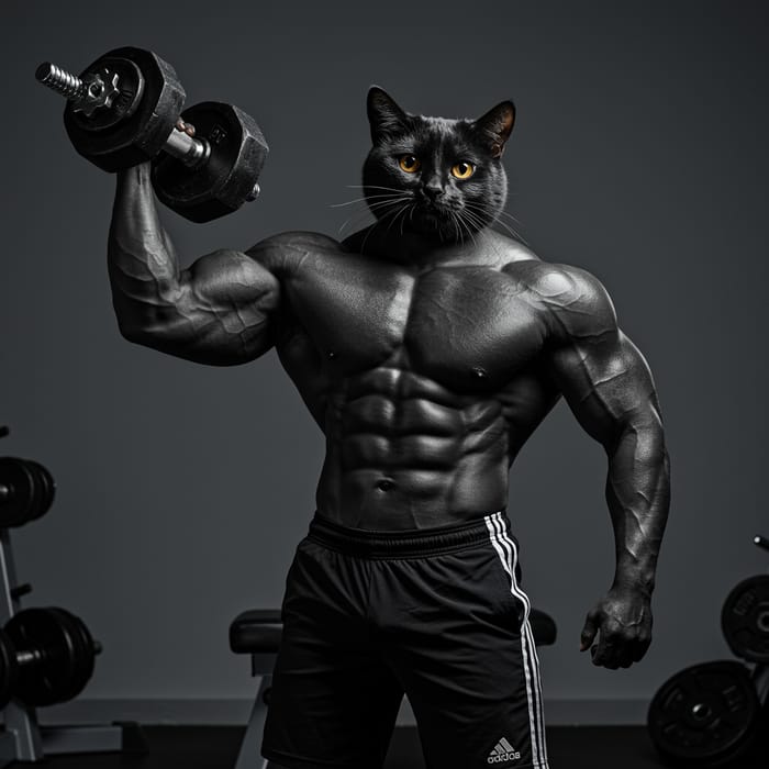 Muscular Black Cat Lifting Weights