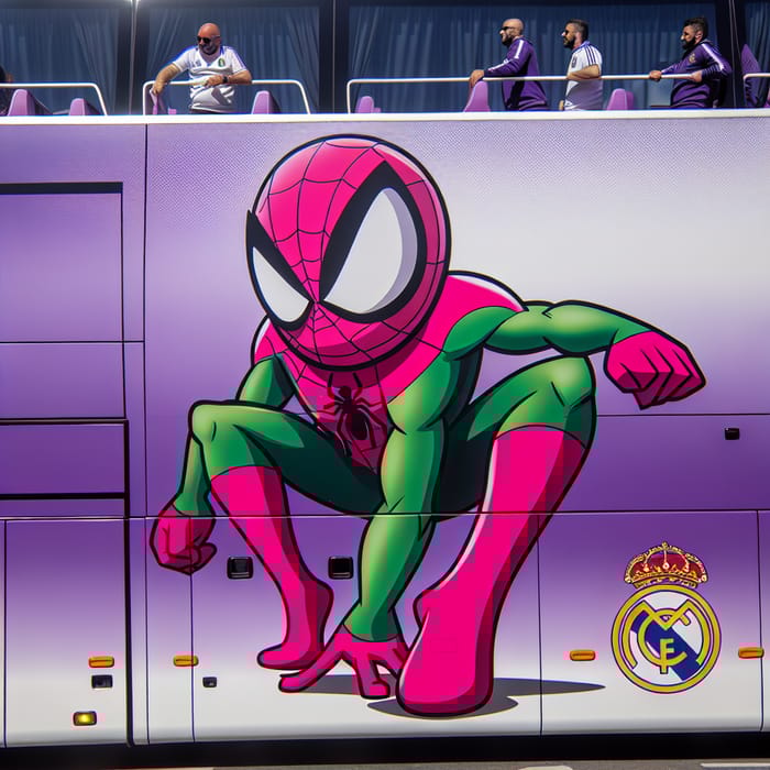Spiderman Pink Head Green Body Oversized Foot on Real Madrid Bus Spiderman Pink Head Green Body Oversized Foot on Real Madrid Bus