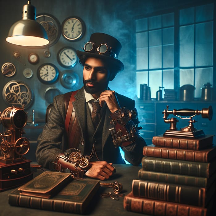 Steampunk Gentleman Surrounded by Vintage Books in Futuristic Office Setting