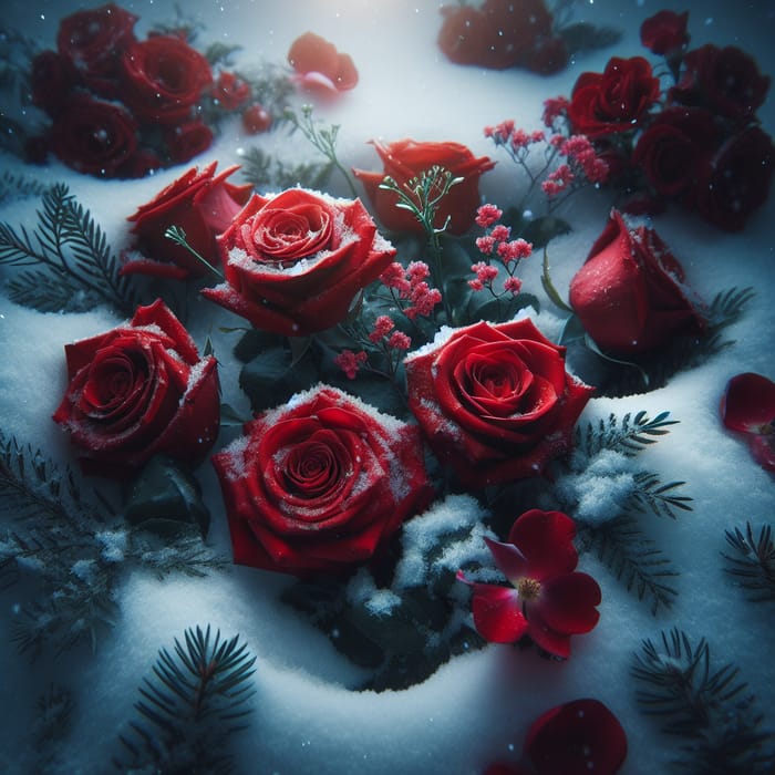 Red Roses Among Snow - Winter Beauty