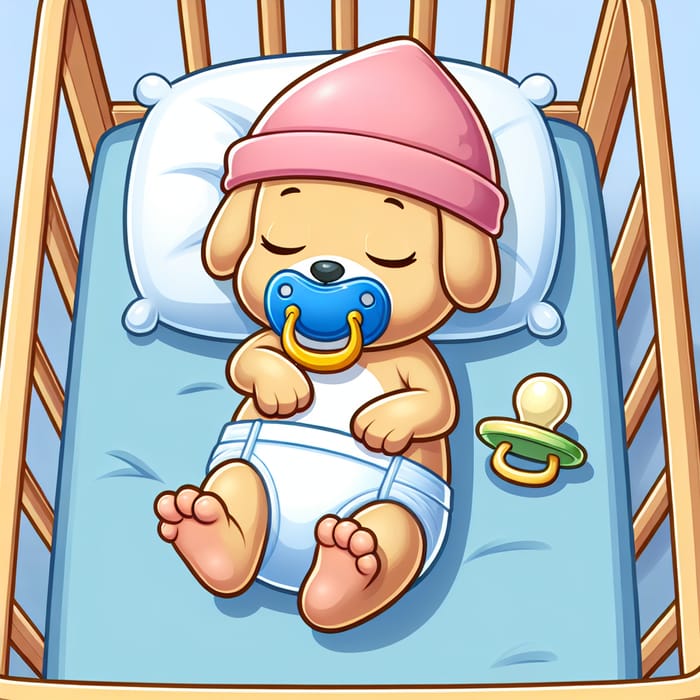 Newborn Puppy in Diapers Sleeping in Crib with Pacifier - Baby Cartoon