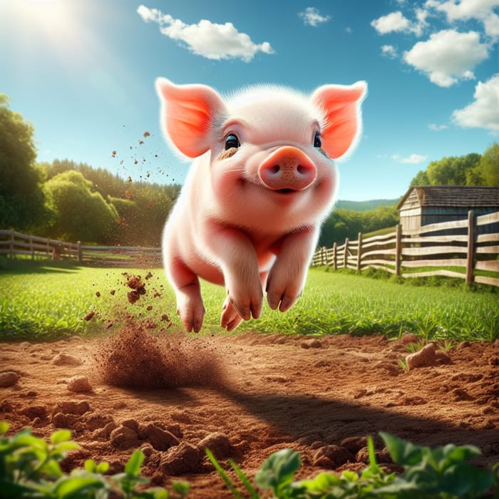 Joyful Jumping Piglet Surrounded by Lush Farm Beauty