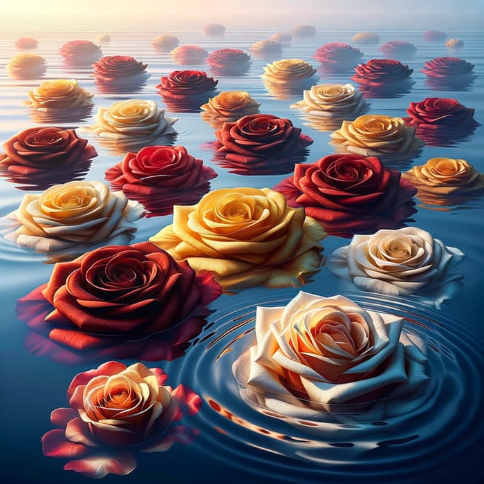 Colorful Floating Roses in Calm Blue Sea