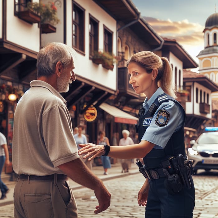 Police Officer Helping Middle-Aged Man Cross Sofia Street