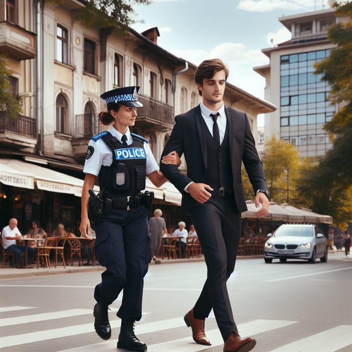 Police Officer Helping Young Man Cross Sofia Street | Safety Escort