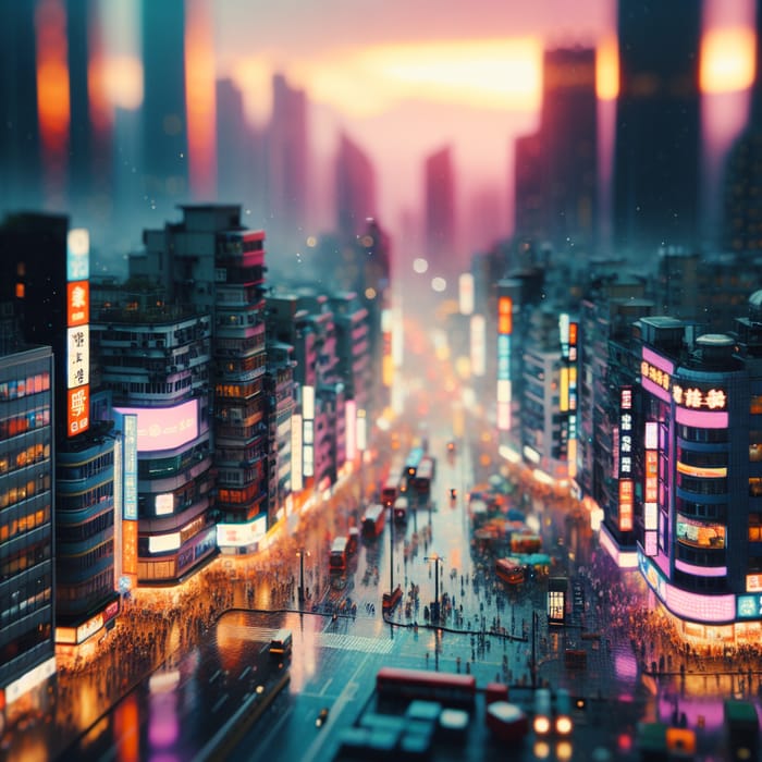 Neon-lit Cyberpunk Cityscape at Sunset | Tilt-Shift Photo