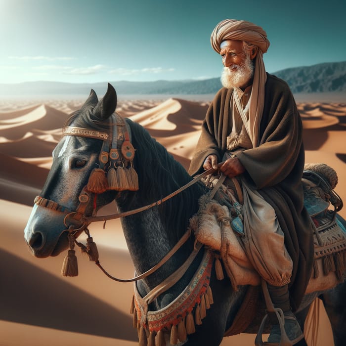 Elderly Arab Man Riding Horse in Desert Landscape