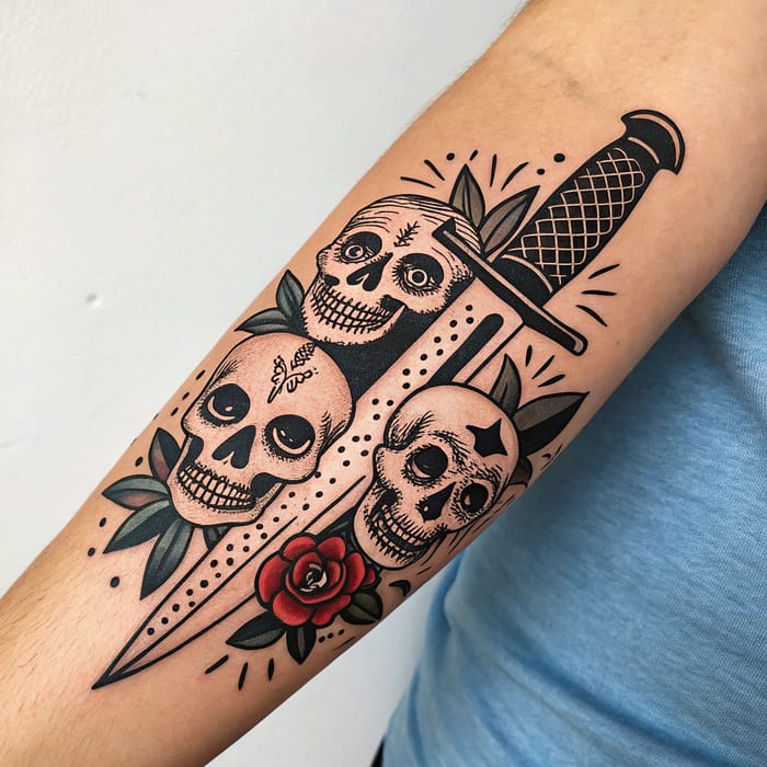 Black Skull and Knife Forearm Tattoo Design