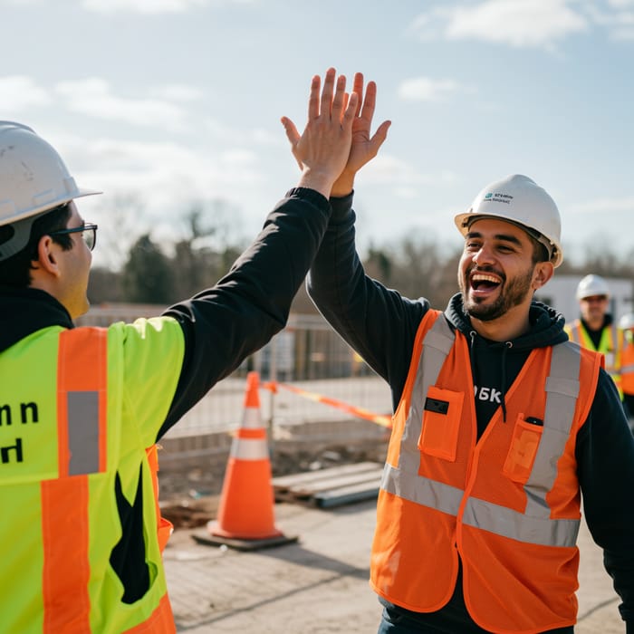 High-Five Teamwork at Construction Site