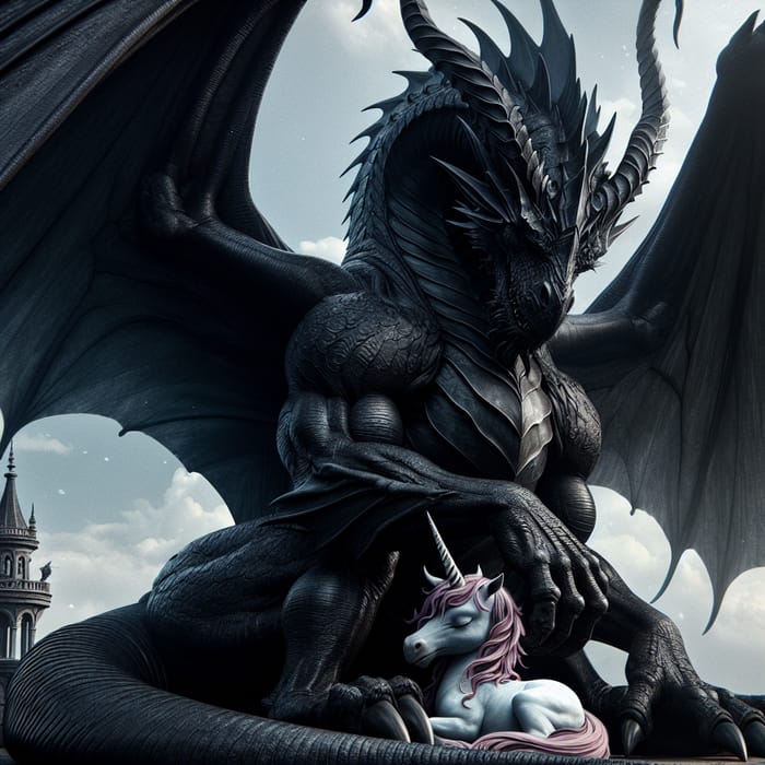 Majestic Black Dragon Embracing Sleeping Unicorn - Mythical Beasts