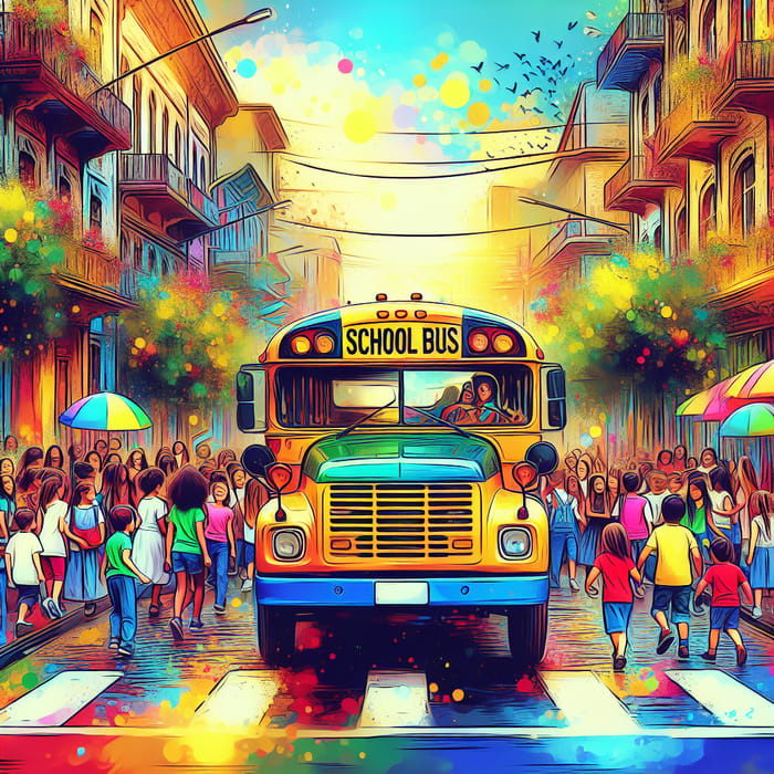 Vibrant City Street with Colorful School Bus