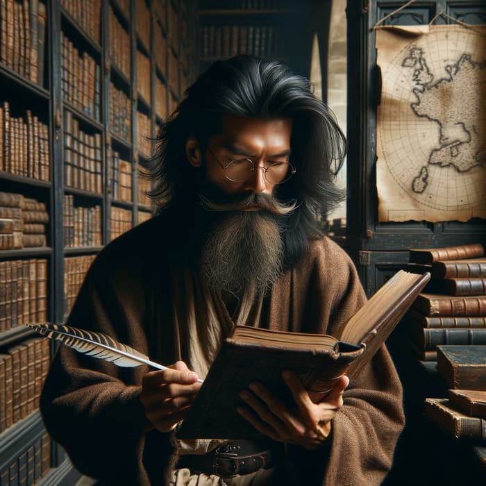 Man with Long Hair Enthralled in Book Reading