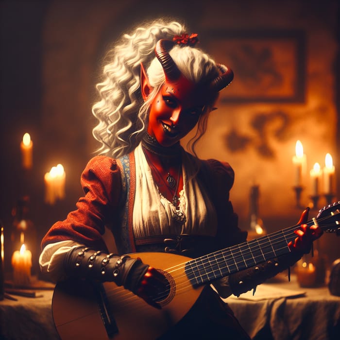 Sly Tiefling Bard Strumming Lute in Dark Fantasy Tavern