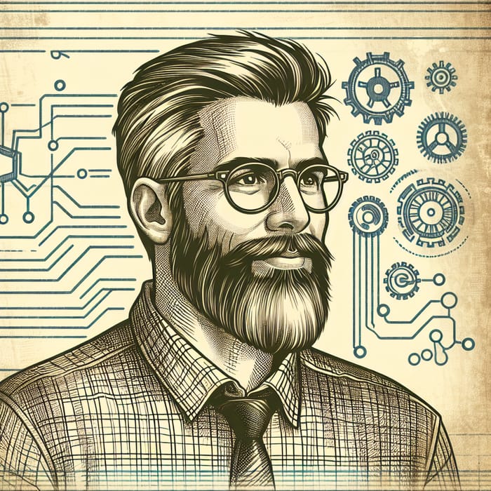 50-Year-Old Technology Professor Without Glasses and Beard in Vintage Drawing Style