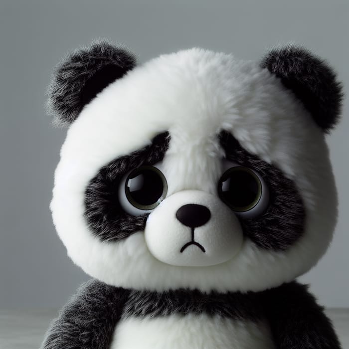 Sad Plush Panda with Uneven Look on Gray Background