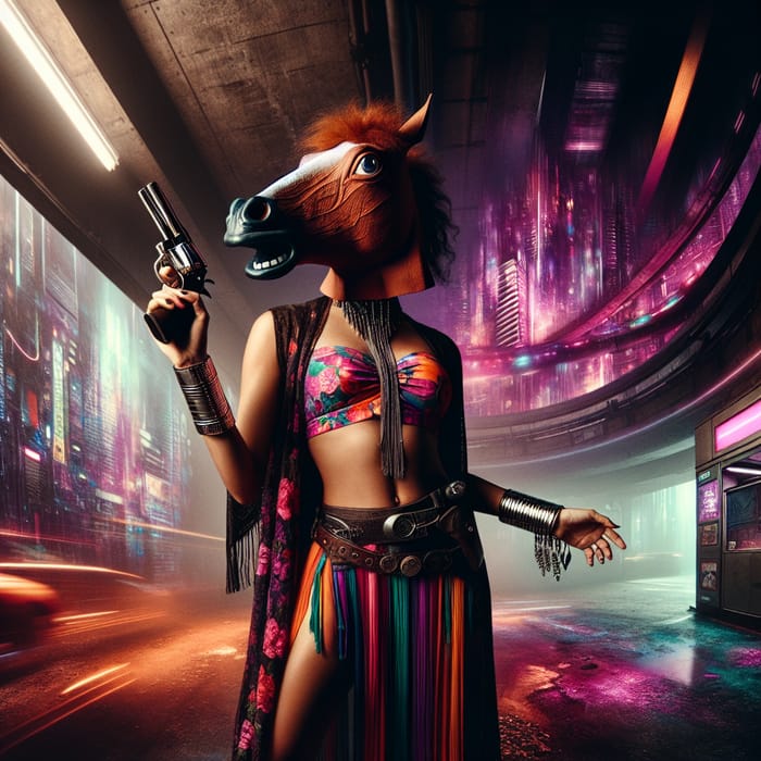 Hispanic Woman in Horse Mask: Urban Fantasy Scene with Firearm