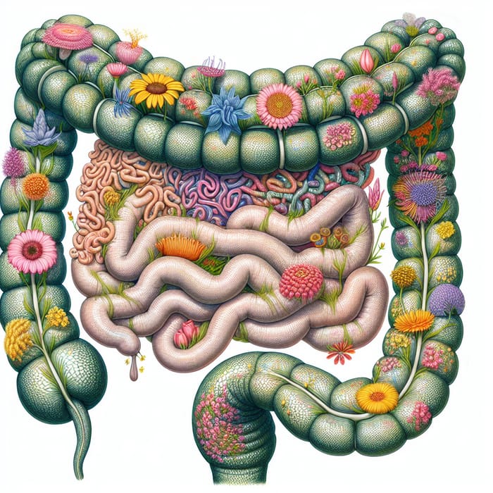 Whimsical Digestive System Art: Snake-like Small Intestine & Floral Large Intestine