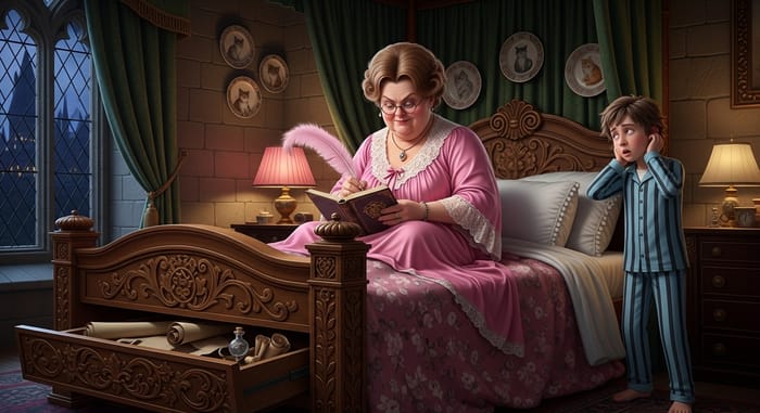 Dolores Umbridge Writing in Hogwarts Dormitory