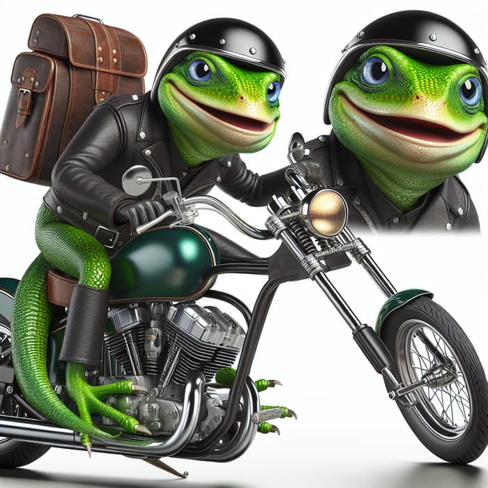 Smiling Green Lizard Biker Riding Black Harley Davidson