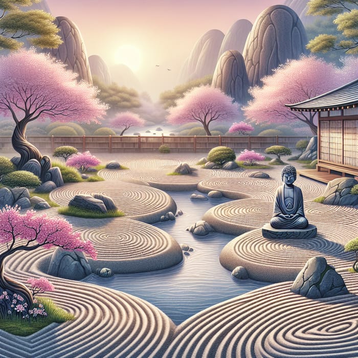 The Soul in Zen Garden: Tranquil Statue and Cherry Blossoms