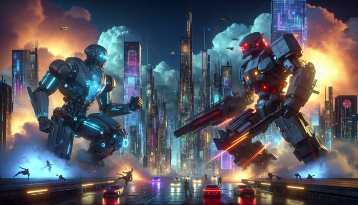 Robots Battling in a Futuristic Cyberpunk City