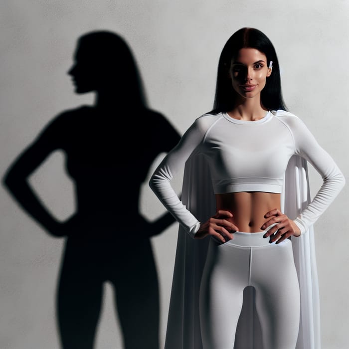 Woman Wearing White Sports Apparel Stands with Superman Cape Shadow