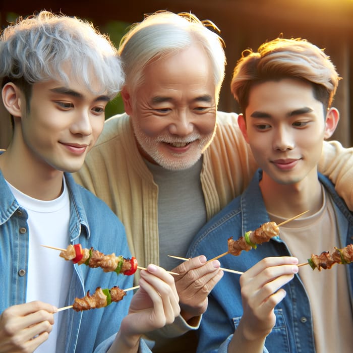 Young and Old Friends Enjoy Skewer Meal | Bonding