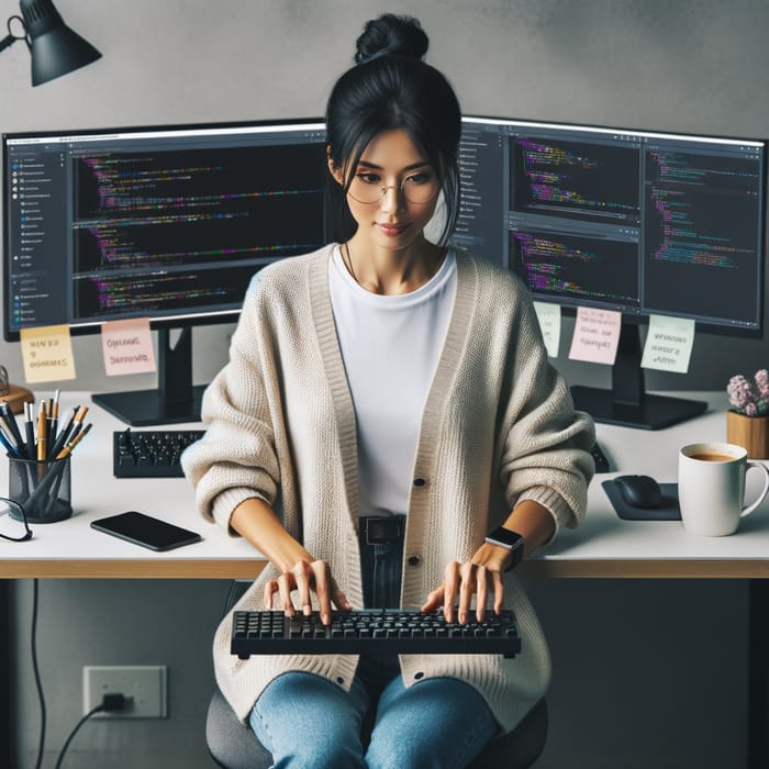 Asian Computer User Lady Working at Organized Workstation