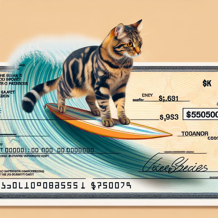 Tabby Cat Surfing on Bank Check - Adorable Feline Fun