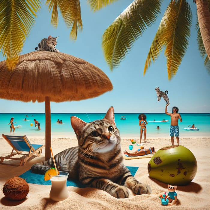 Tabby Cat Enjoying Spring Break at Sandy Mexican Beach