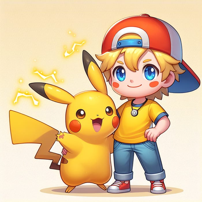 Blonde Boy in Pokémon World with Pikachu Blonde Boy in Pokémon World with Pikachu