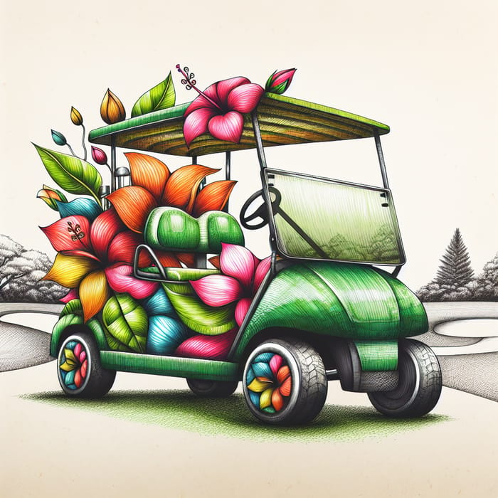 Hand Drawn Flower Golf Cart - Tropical Paradise Design