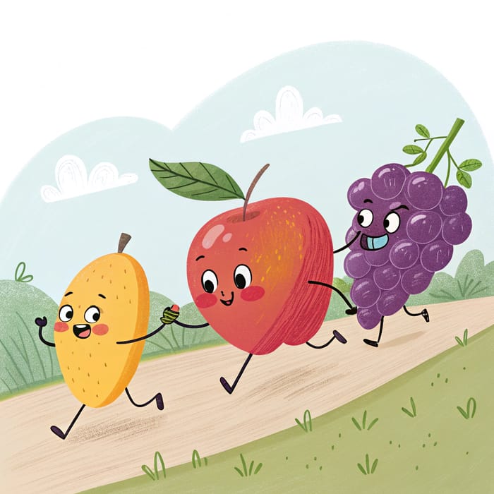 Mango, Apple, and Grape Strolling Together