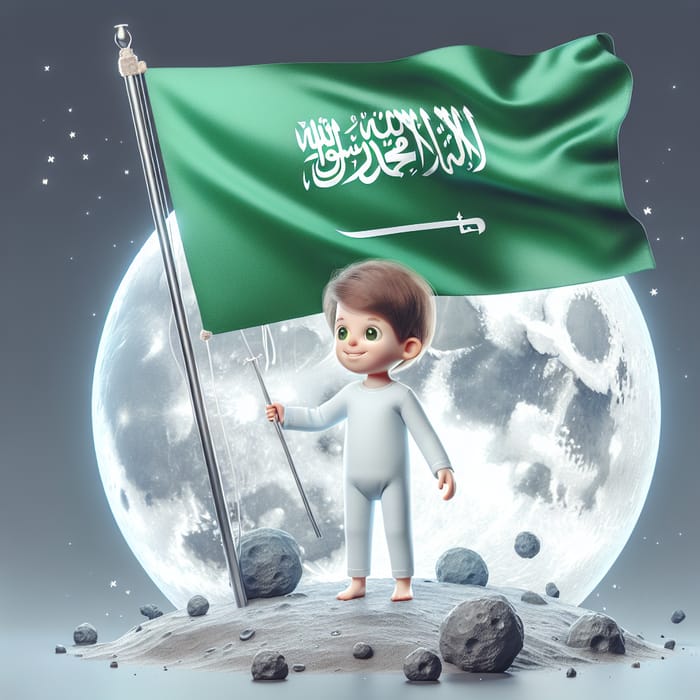 Child Holding Saudi Arabian Flag on Moon