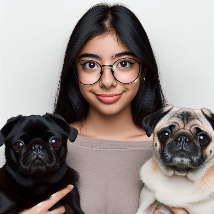 Young Hispanic Girl with Black Hair and Pugs