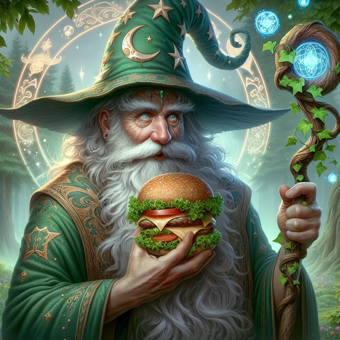 Green Wizard Enjoying a Delicious Hamburger