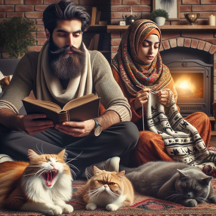 Cozy Moments: Beard Man & Hijab Woman with Cats