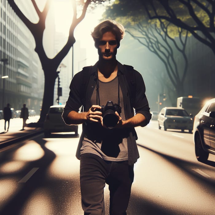 Photographer Walking Through Street with Camera, Trees Silhouette