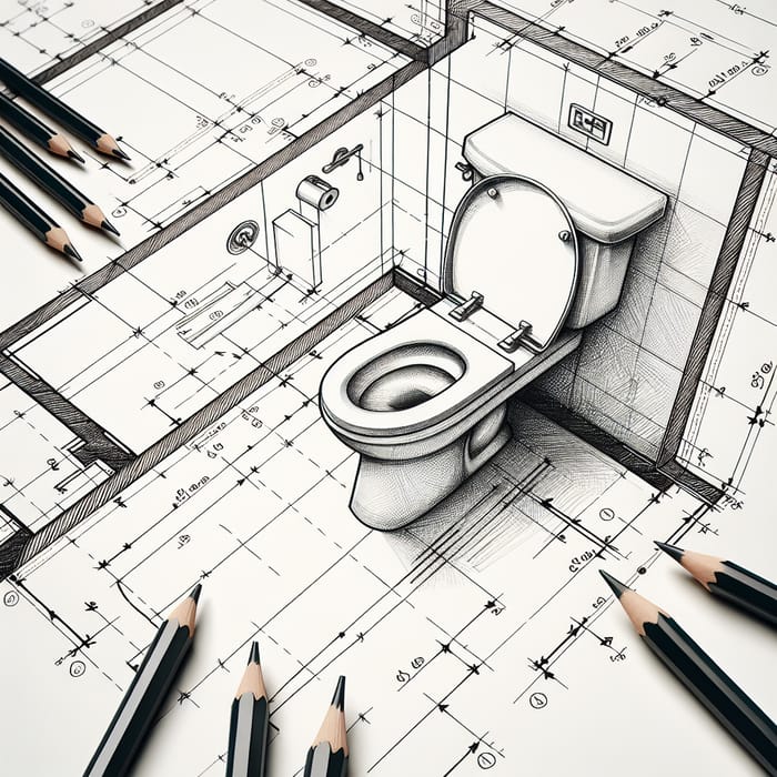 Detailed Toilet Blueprint Technical Drawing in Monochrome