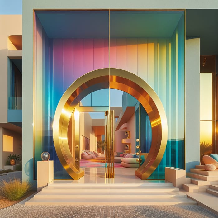 Enormous Brass Pivot-Door with Colourful Gradient Glass