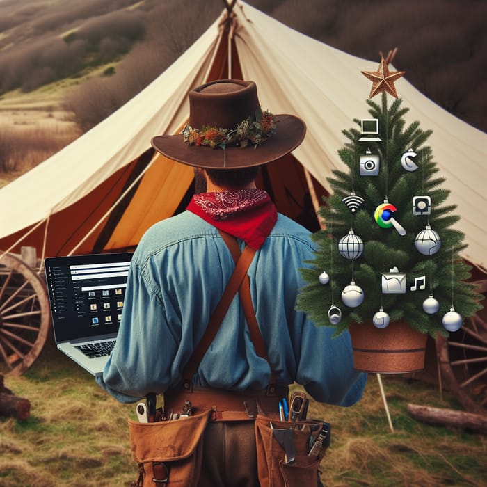 Pioneer Guy with Internet-Themed Laptop at Campsite