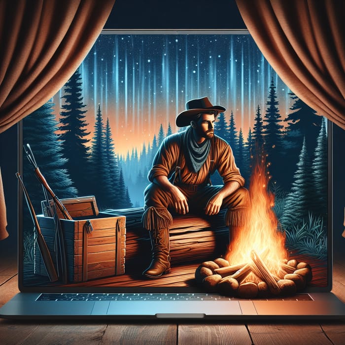 Pioneer Warrior by Campfire with Laptop in Wilderness