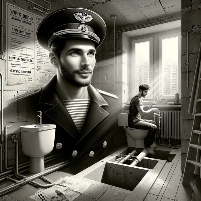 Vintage Russian Sailor in Modern Renovation: Chiaroscuro Artwork with Intricate Details