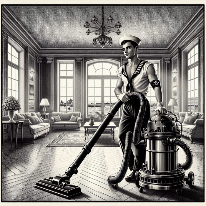 Vintage Russian Sailor Cleaning Modern Apartment with Vacuum Cleaner