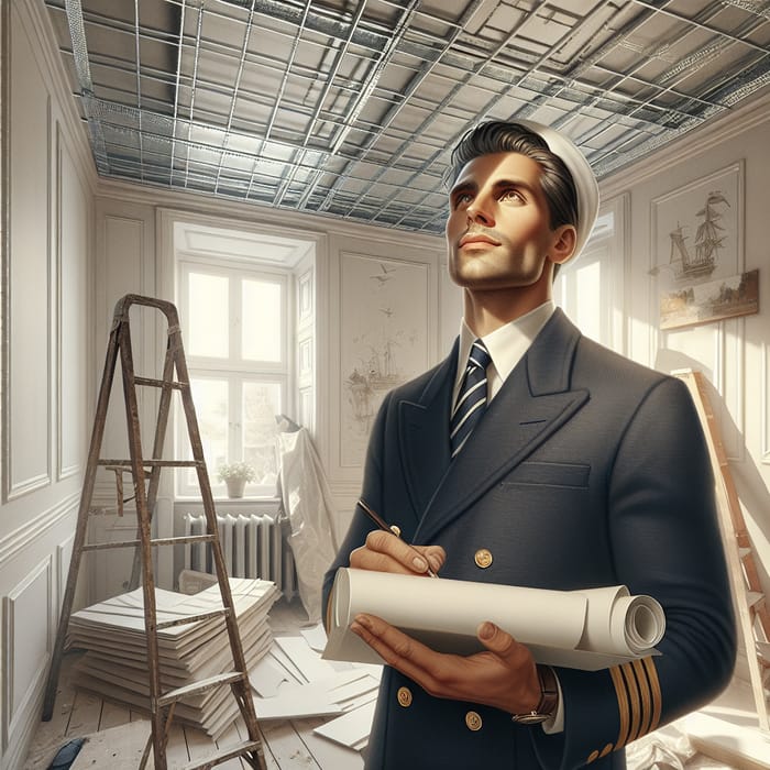 Confident Sailor in Room Under Renovation Scene