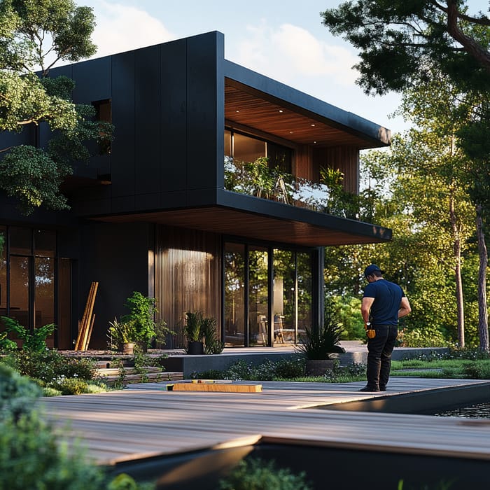 Modern House with Wooden Terrace - Craftsman at Work