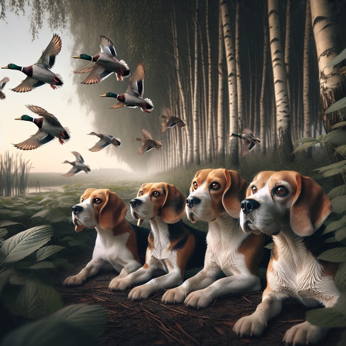 Beagle Dogs Hunting Ducks at Forest Edge - Scenic Traditional Hunting Scene