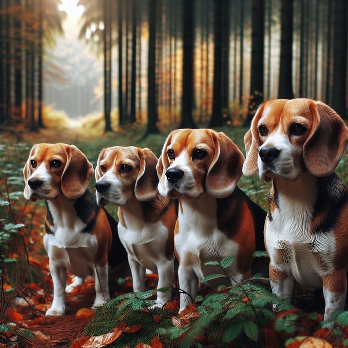 Four Beagle Dogs Hunting on Forest Edge