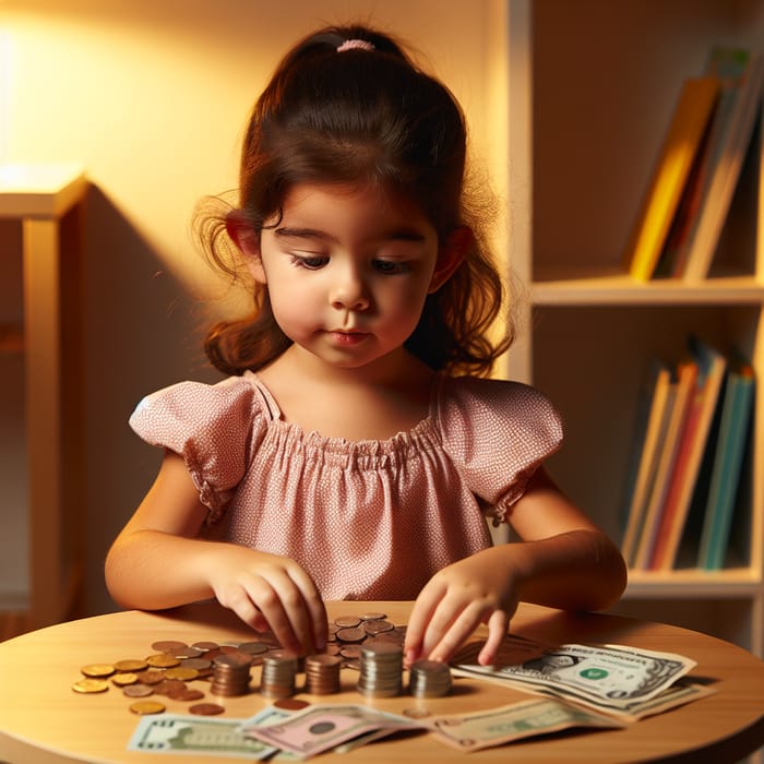 Young Hispanic Girl Counting Coins and Banknotes | Financial Learning