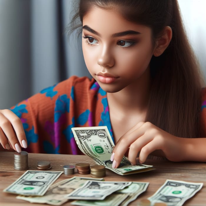 Hispanic Teenage Girl Counting Money with Serious Expression